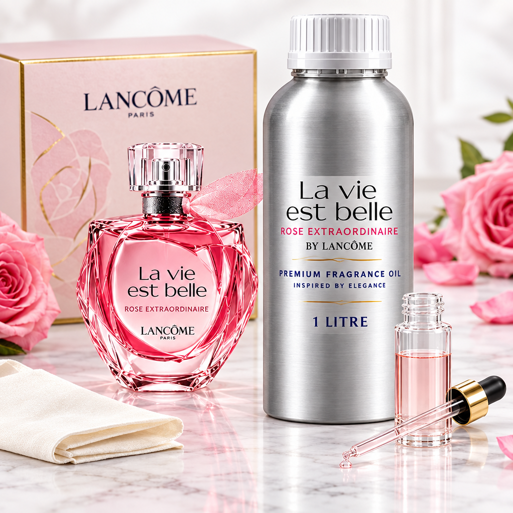 La vie est belle Rose Extraordinaire 1 litre perfume oil canister with refill vial, pipette and premium packaging