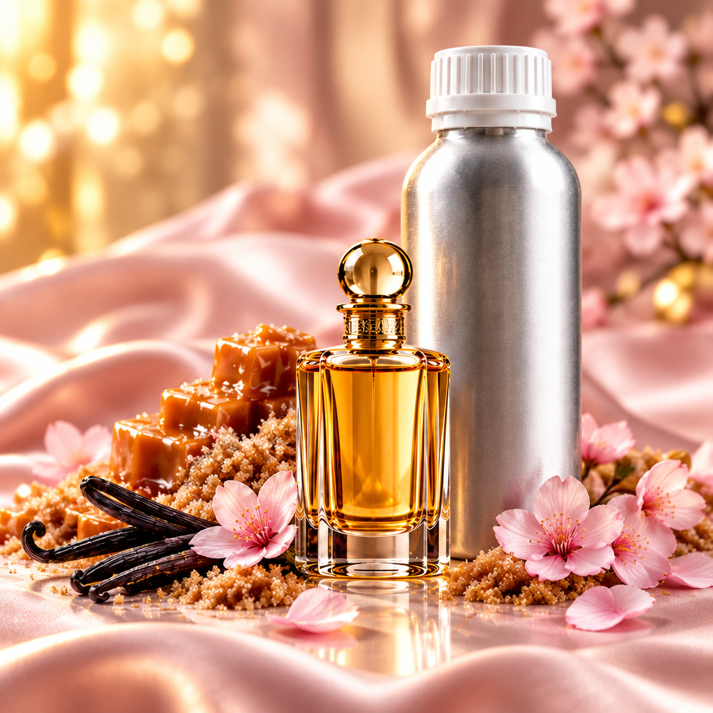 Sugar Baby perfume bottle and 1 litre canister on pink silk