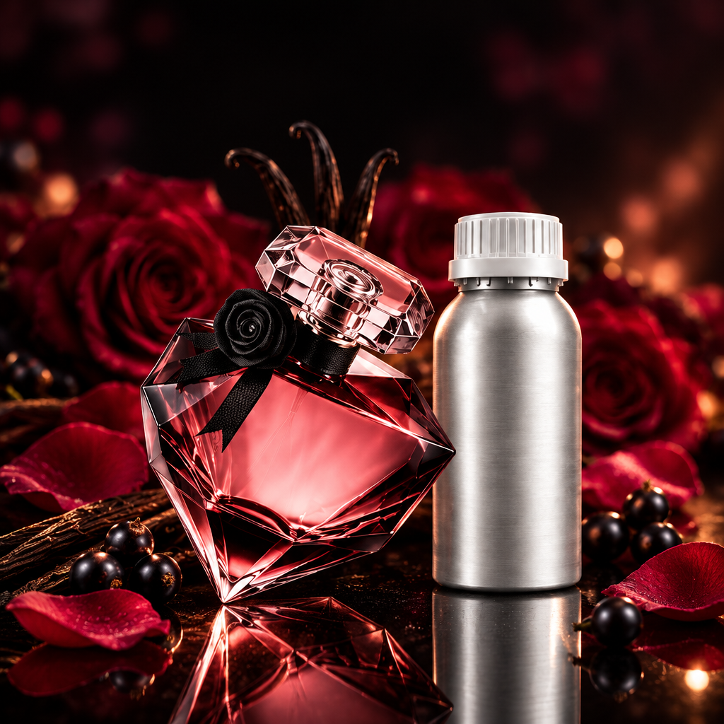 Pink crystal perfume bottle and 500ml canister in moody rose styling