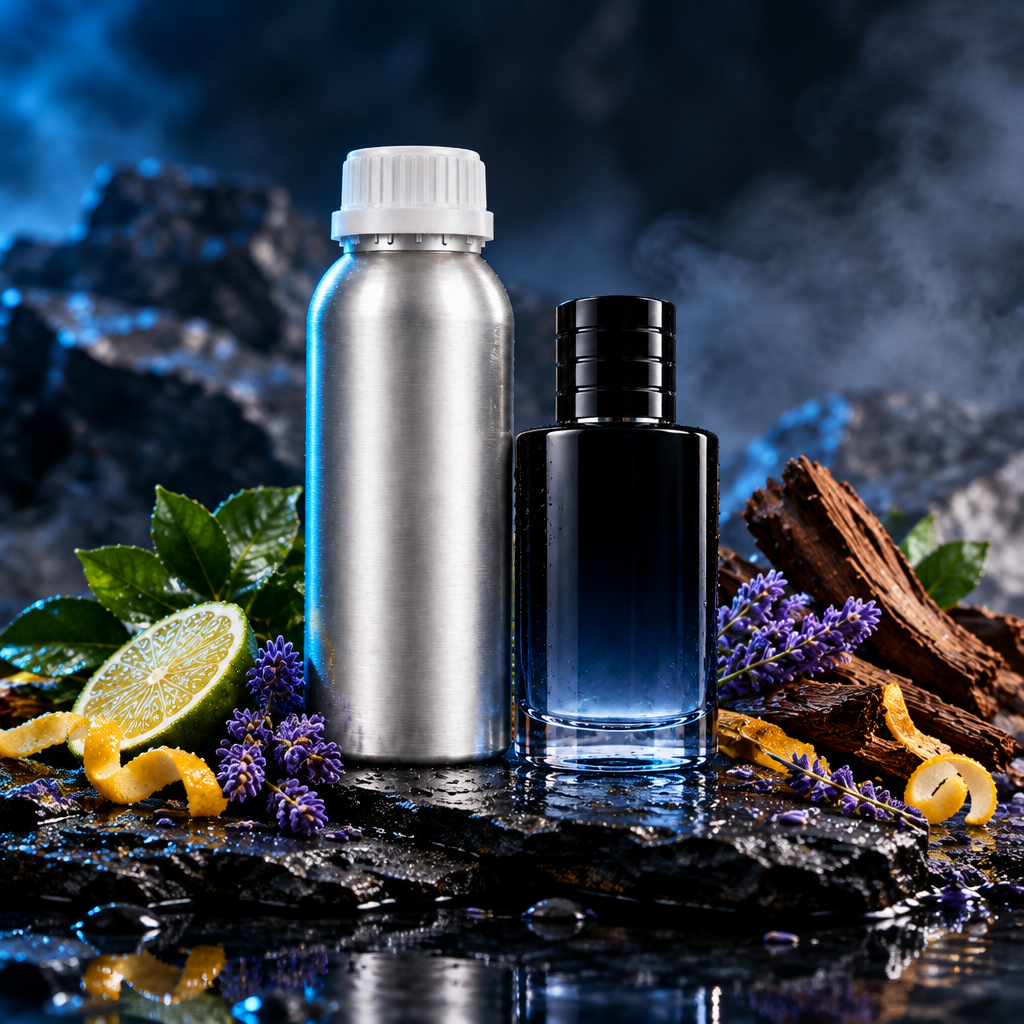 Navy perfume bottle and 1kg canister in moody slate styling