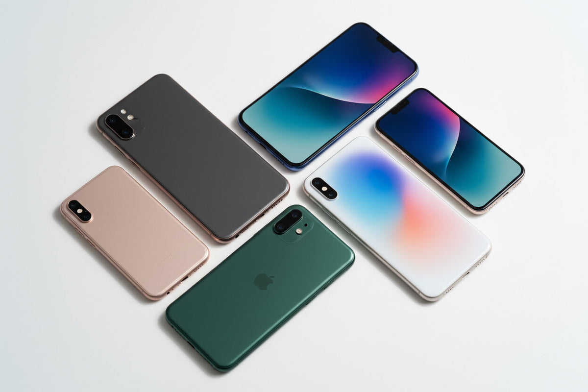 Wireless smartphone and earbuds on white background