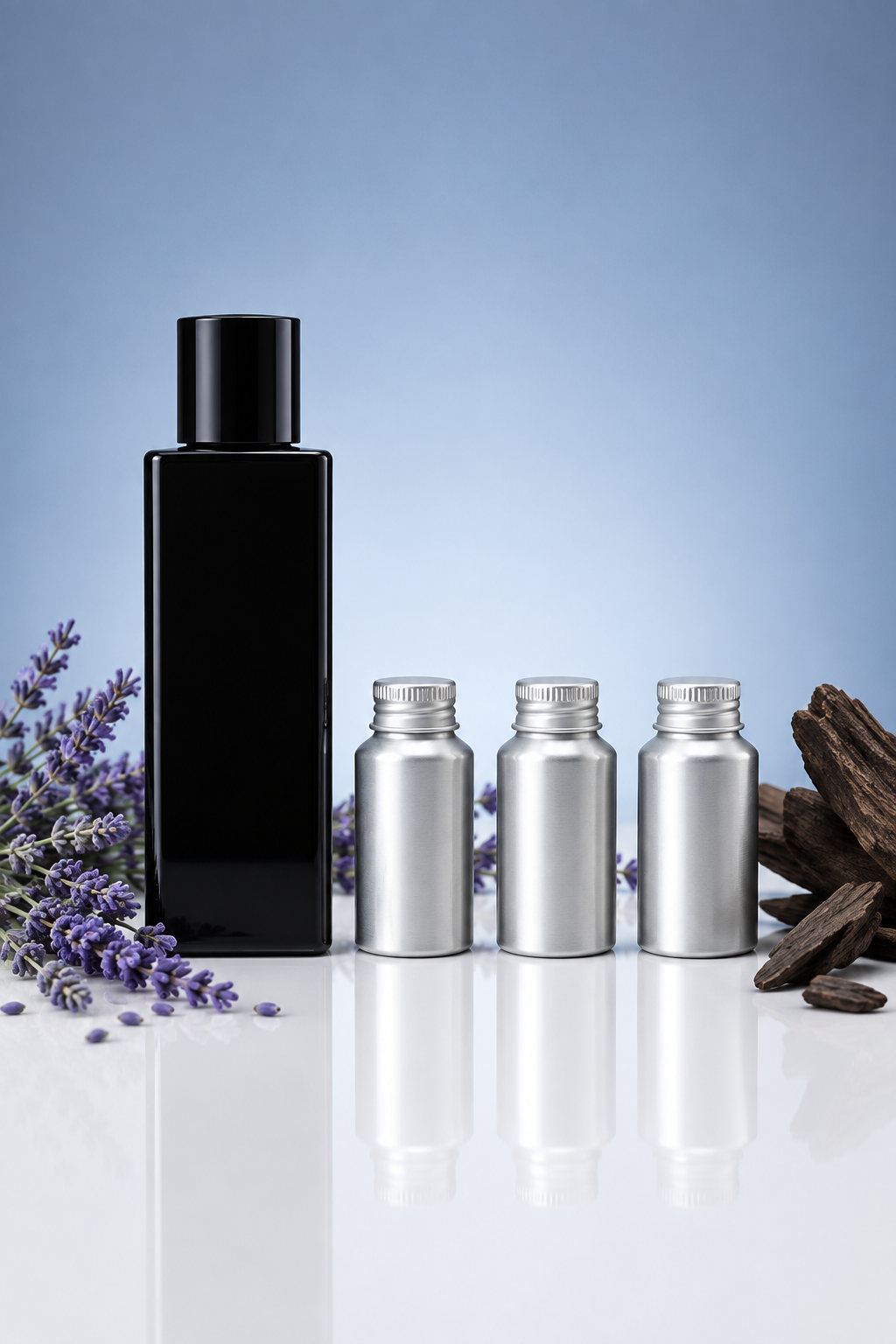 Black perfume bottle with three small 500 ml perfume oil canisters in a row as a wholesale pack shot