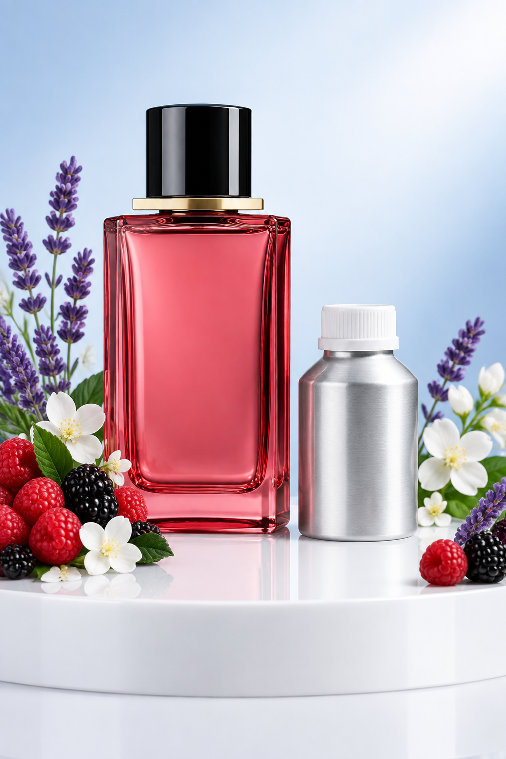 Unbranded pink glass perfume bottle beside a small 500 ml perfume oil canister with lavender and berries