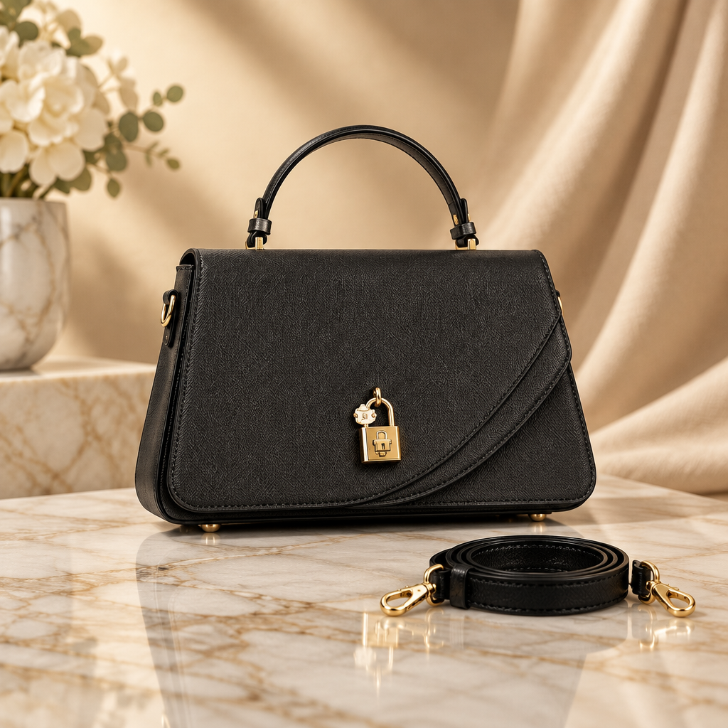 Black padlock flap handbag