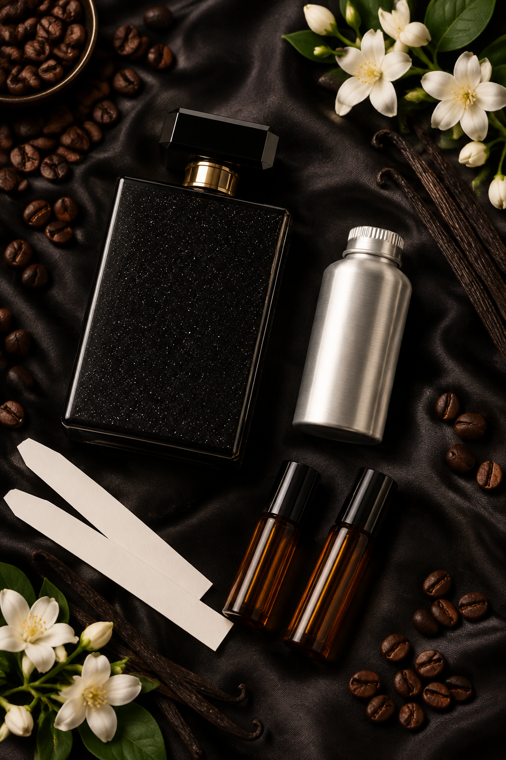 Flat-lay of a black perfume bottle, small 500 ml oil canister, roll-on bottles and blotters with coffee beans