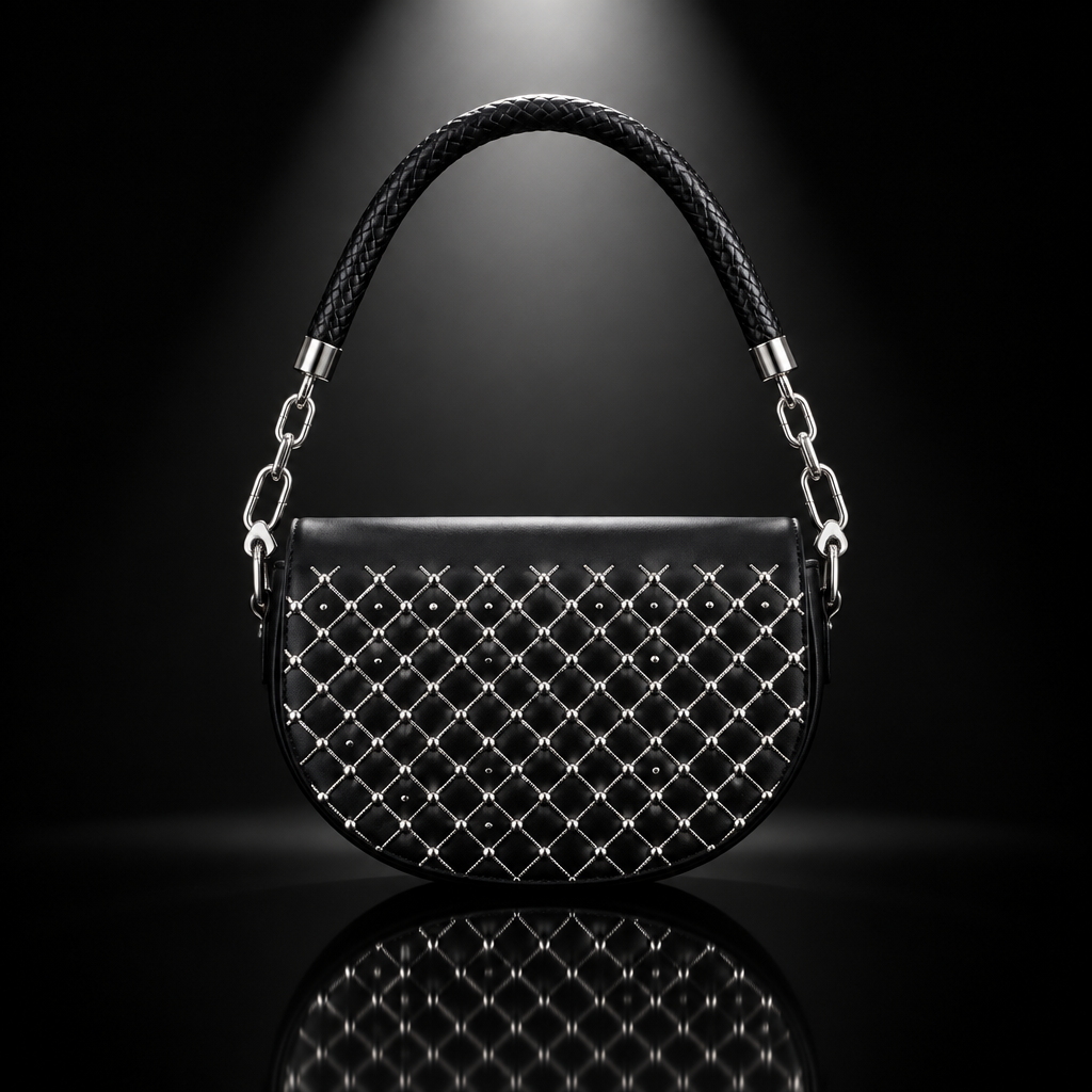 Black studded half-moon shoulder bag