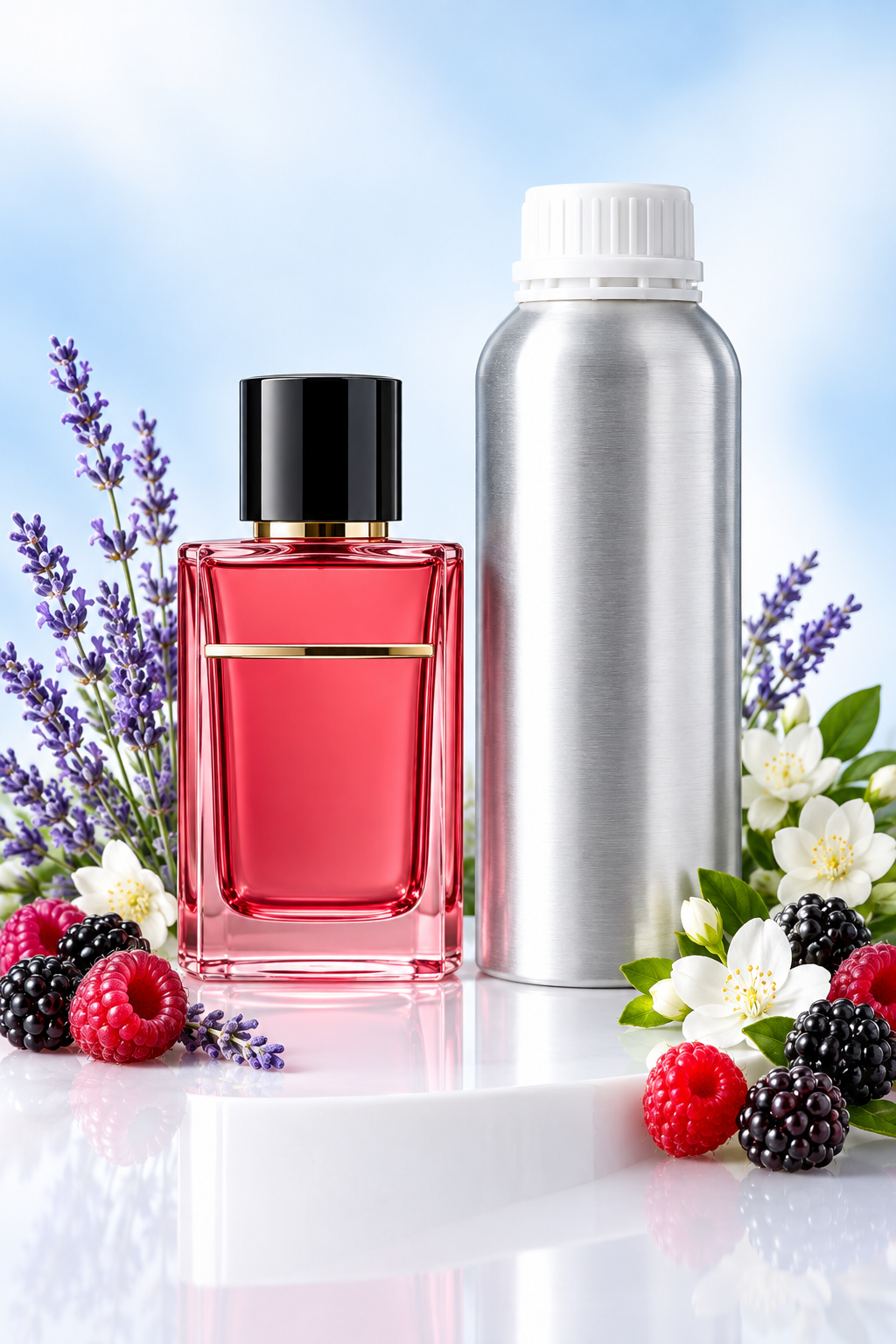 Unbranded pink glass perfume bottle beside a 1 kg perfume oil canister with lavender and berries
