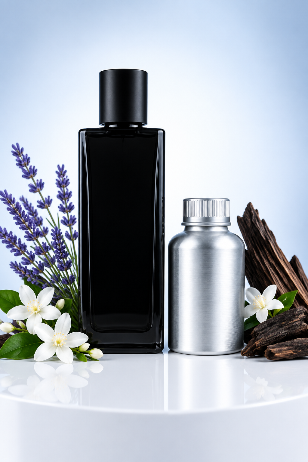 Unbranded black glass perfume bottle beside a small 500 ml perfume oil canister with lavender and agarwood