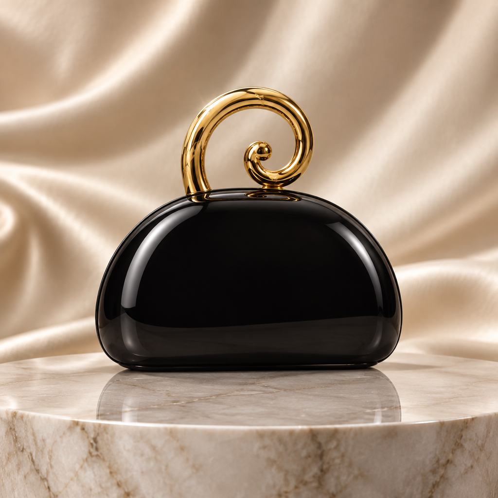 Black dome clutch with gold handle