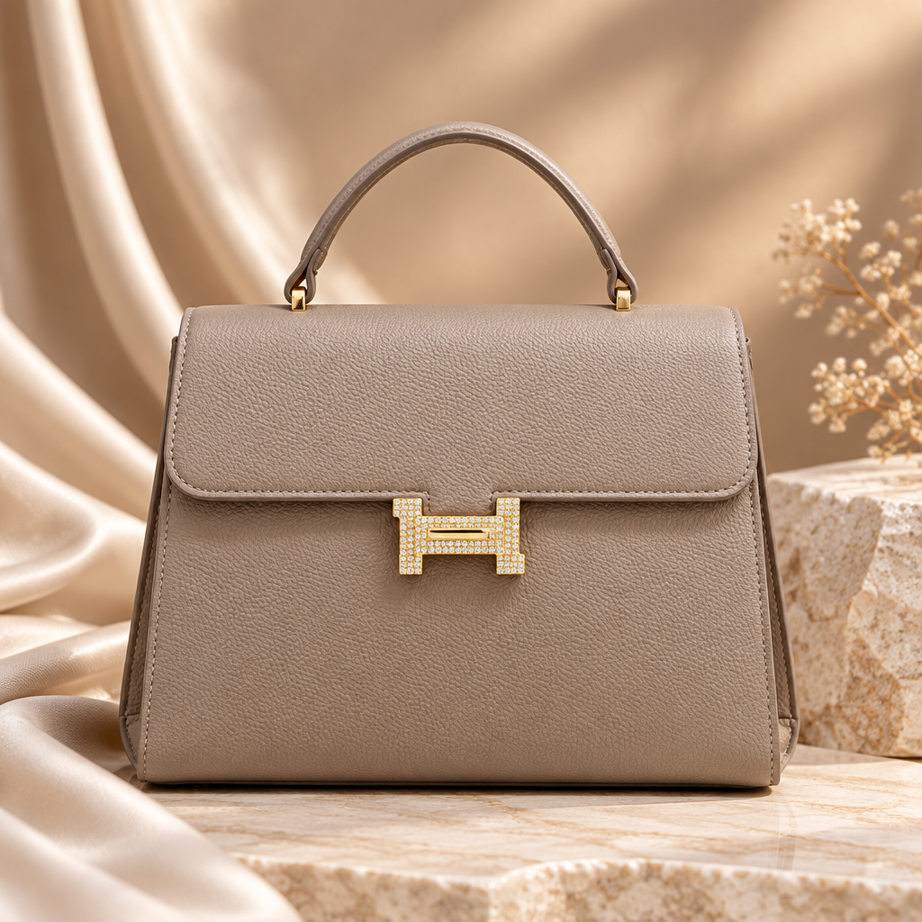 Taupe pebbled flap satchel