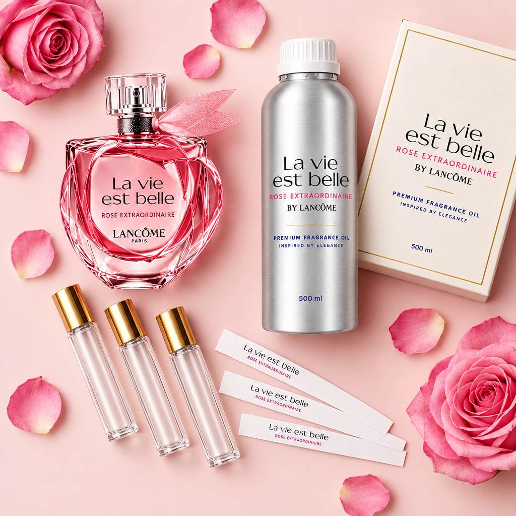 La vie est belle Rose Extraordinaire 500 ml perfume oil canister with roll-on bottles, caps and blotter strips