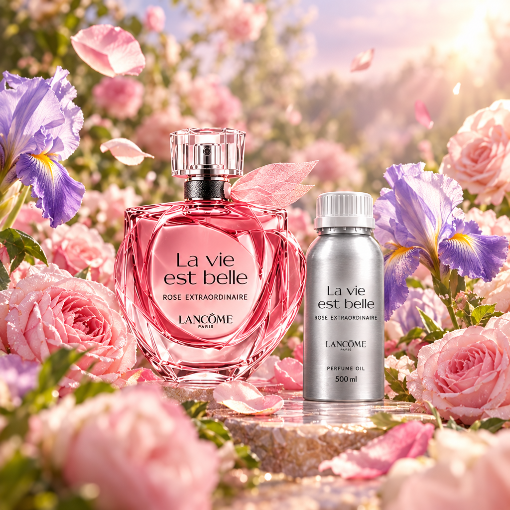 La vie est belle Rose Extraordinaire bottle and compact 500 ml canister among roses and iris flowers