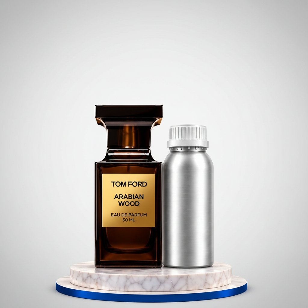 Amber perfume bottle and 1 litre fragrance oil canister studio shot