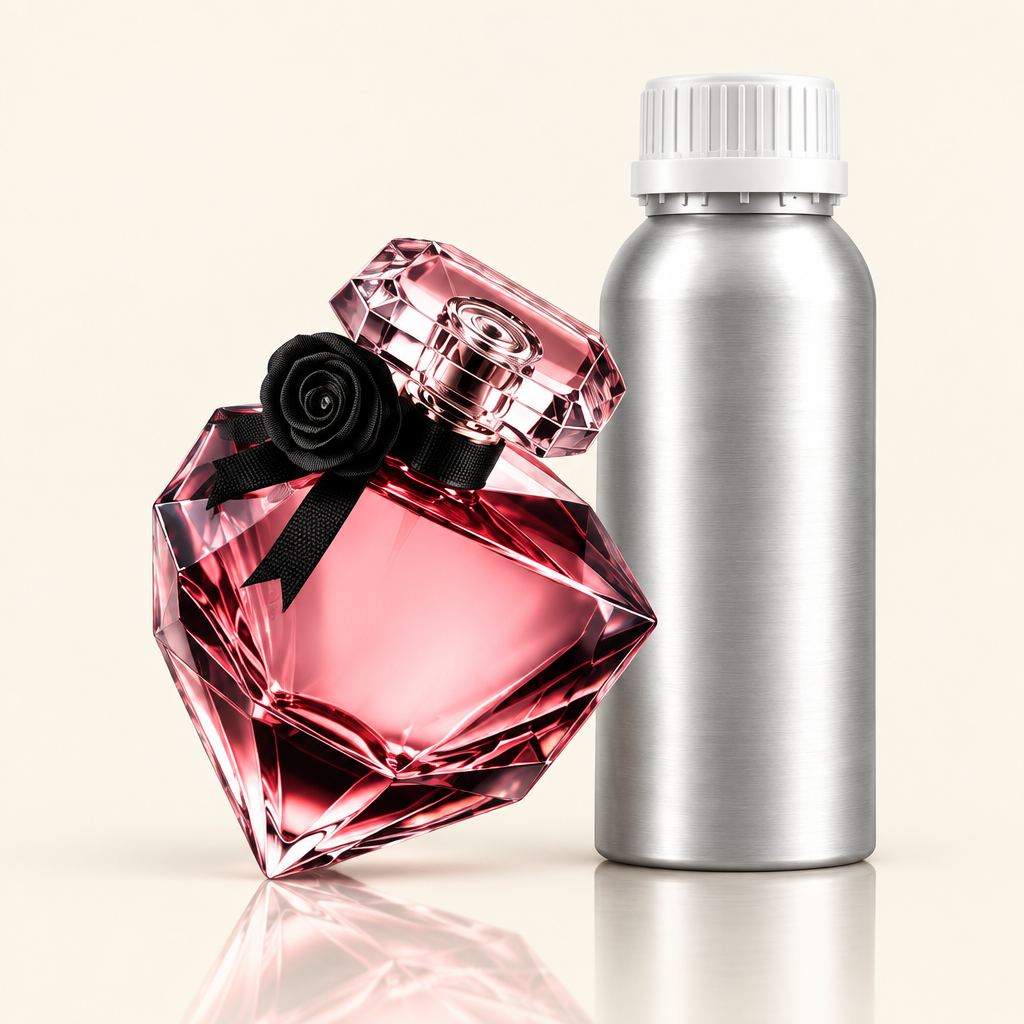 Pink crystal perfume bottle and 1kg fragrance oil canister studio shot