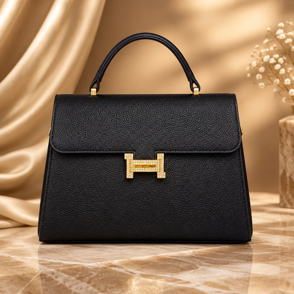Black pebbled flap satchel