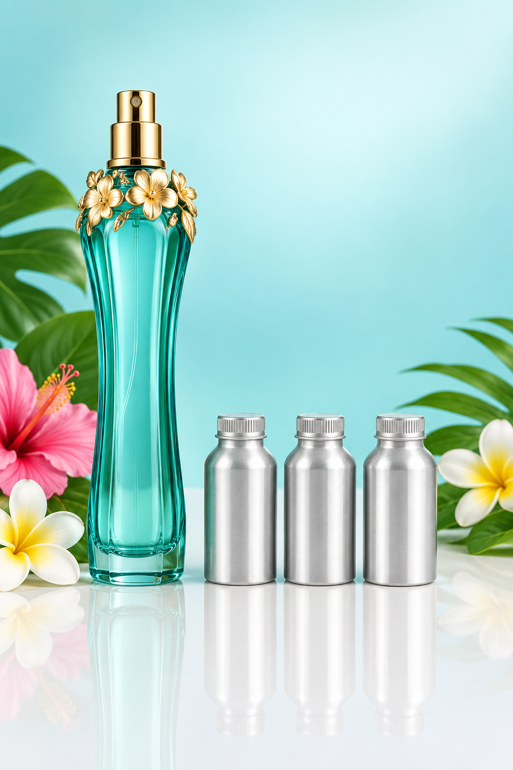 Teal perfume bottle with three small 500 ml perfume oil canisters in a row as a wholesale pack shot
