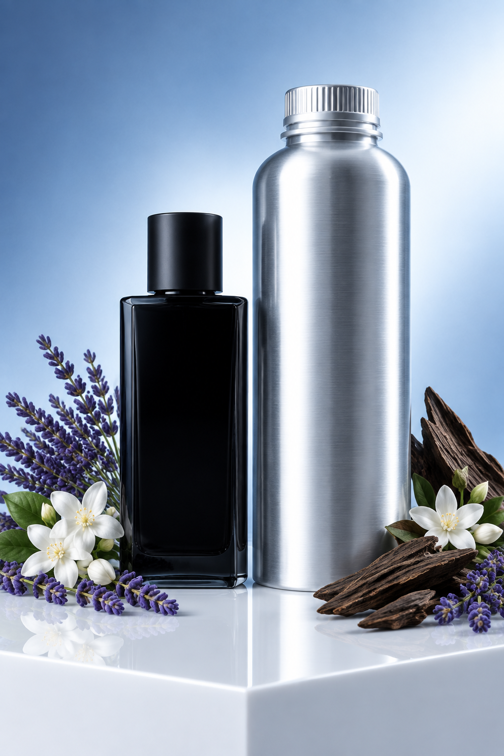 Unbranded black glass perfume bottle beside a 1 litre perfume oil canister with lavender and agarwood
