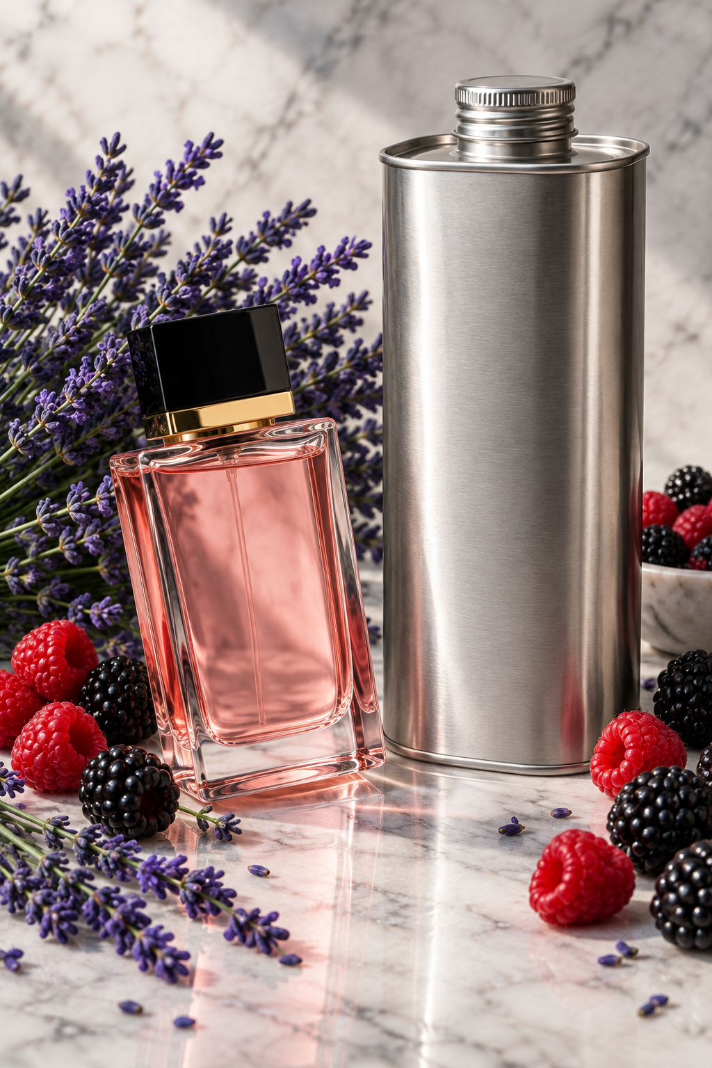 Rose-pink perfume bottle angled beside a tall unbranded 1 kg oil canister with lavender and raspberries