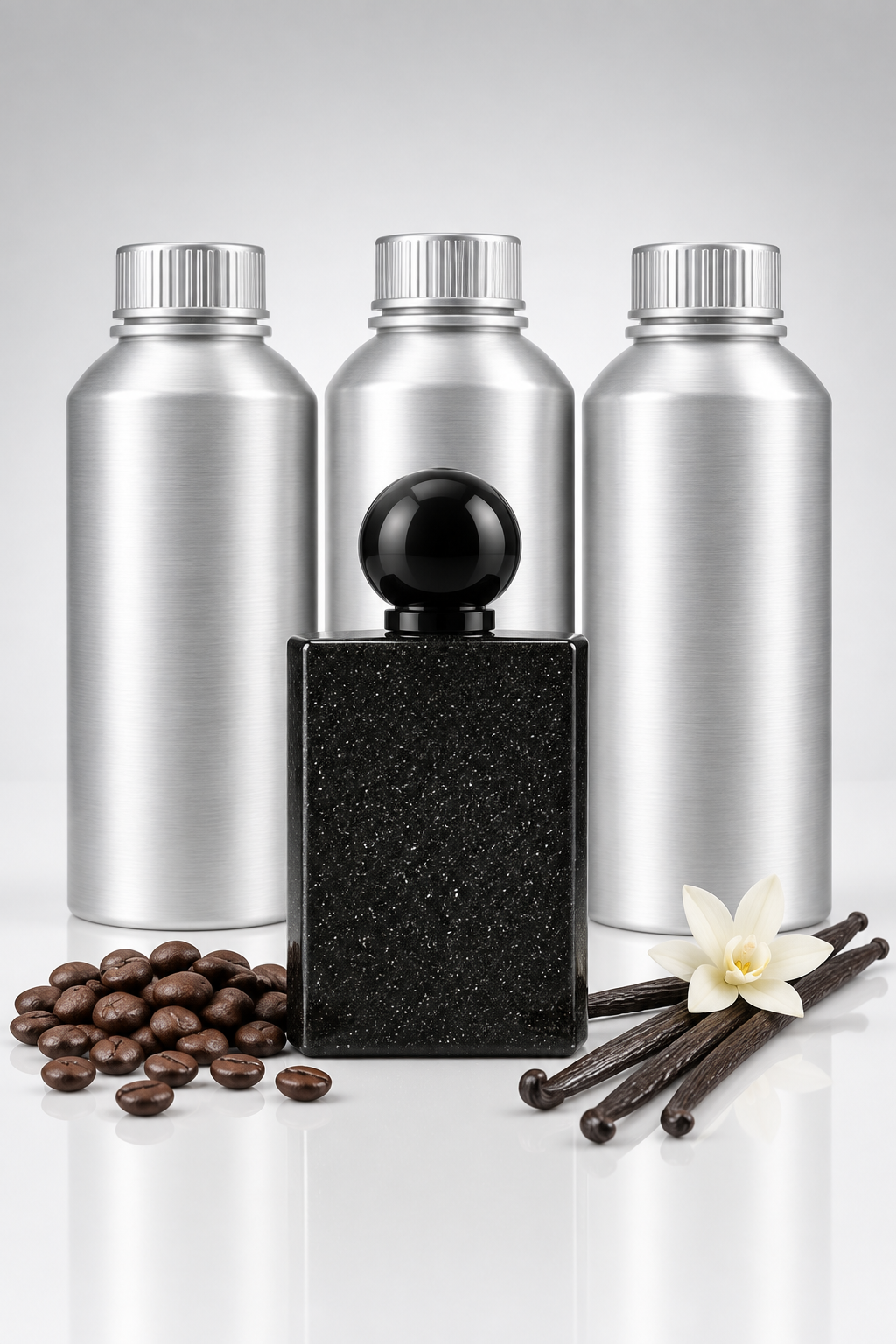 Black perfume bottle in front of three unbranded 1 kg perfume oil canisters as a wholesale pack shot