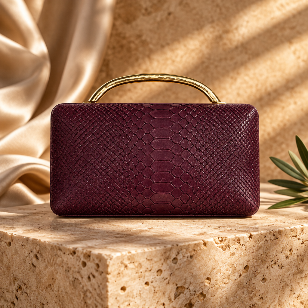 Plum snake embossed box clutch