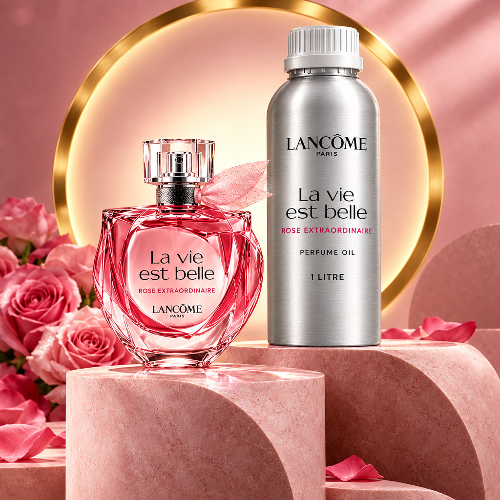 La vie est belle Rose Extraordinaire perfume bottle and 1 litre oil canister on blush arches with golden backlight