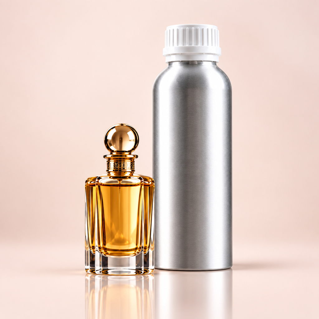 Sugar Baby perfume bottle and 1 litre fragrance oil canister studio shot