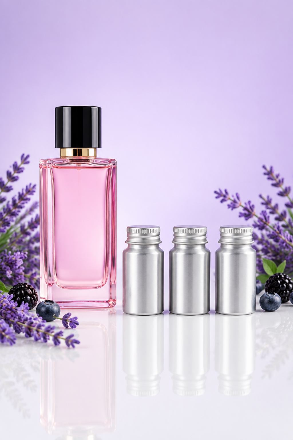 Pink perfume bottle with three small 500 ml perfume oil canisters in a row as a wholesale pack shot