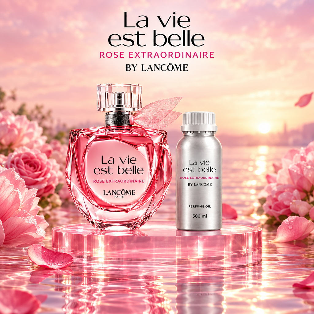 La vie est belle Rose Extraordinaire perfume bottle and compact 500 ml oil canister on a pink acrylic pedestal