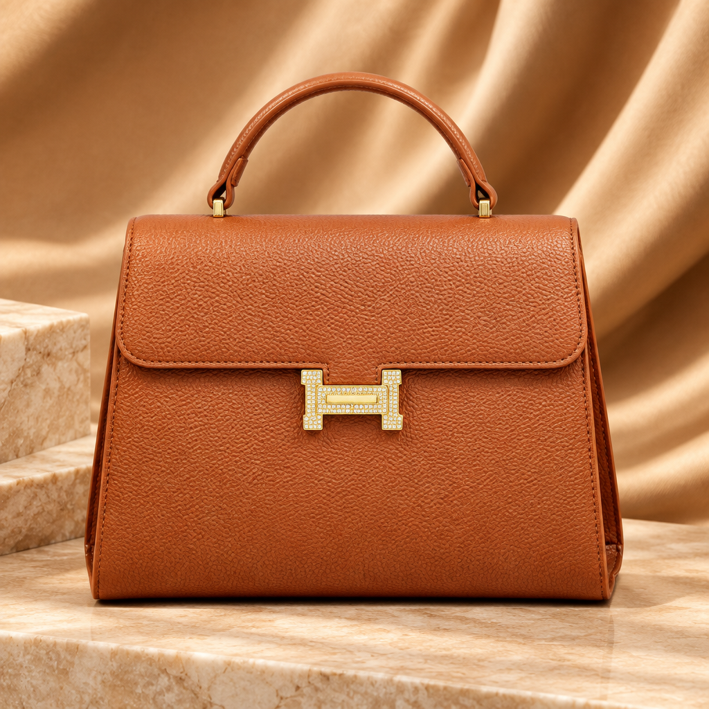 Tan pebbled flap satchel
