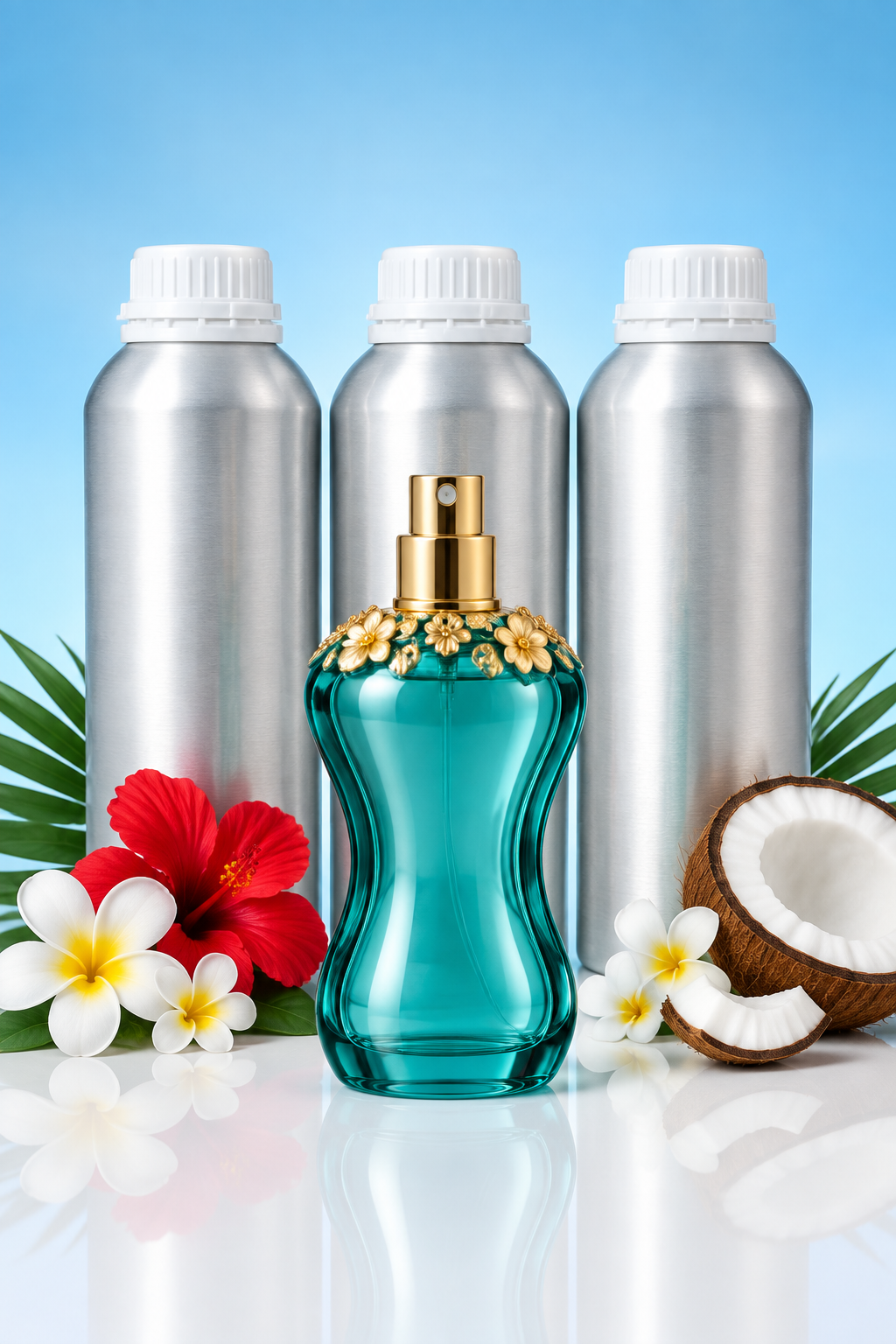 Teal perfume bottle in front of three unbranded 1 kg perfume oil canisters as a wholesale pack shot