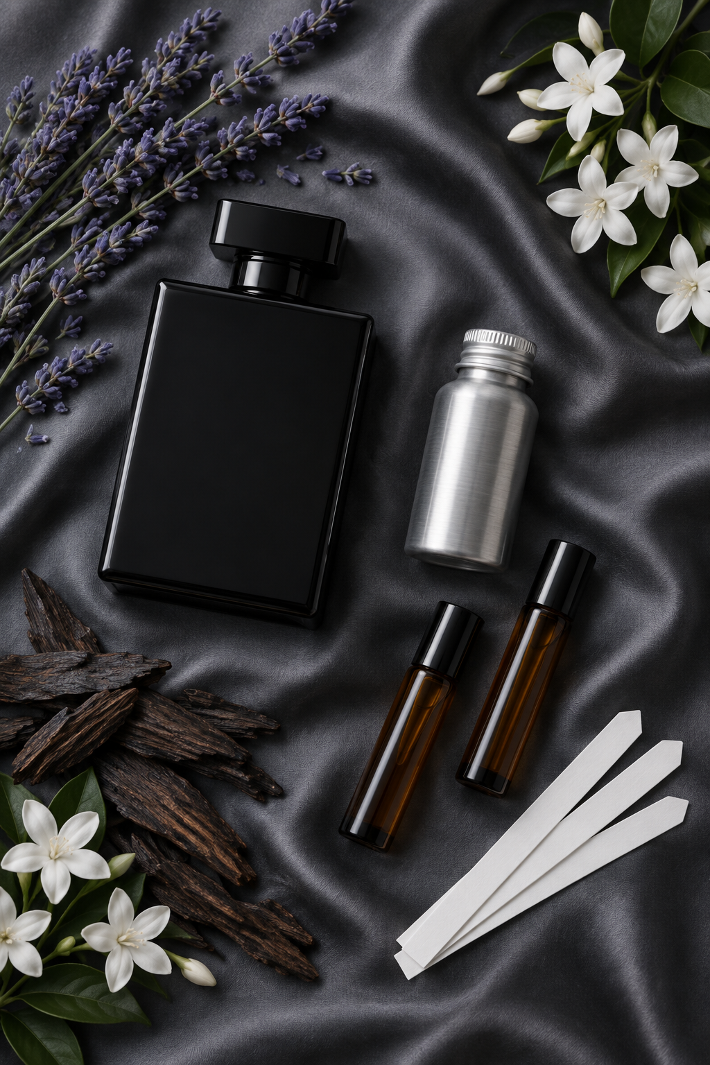 Flat-lay of a black perfume bottle, small 500 ml oil canister, roll-on bottles and blotters with lavender
