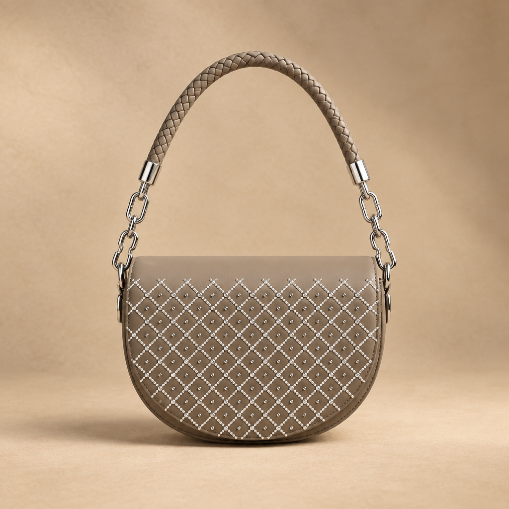 Taupe studded half-moon shoulder bag
