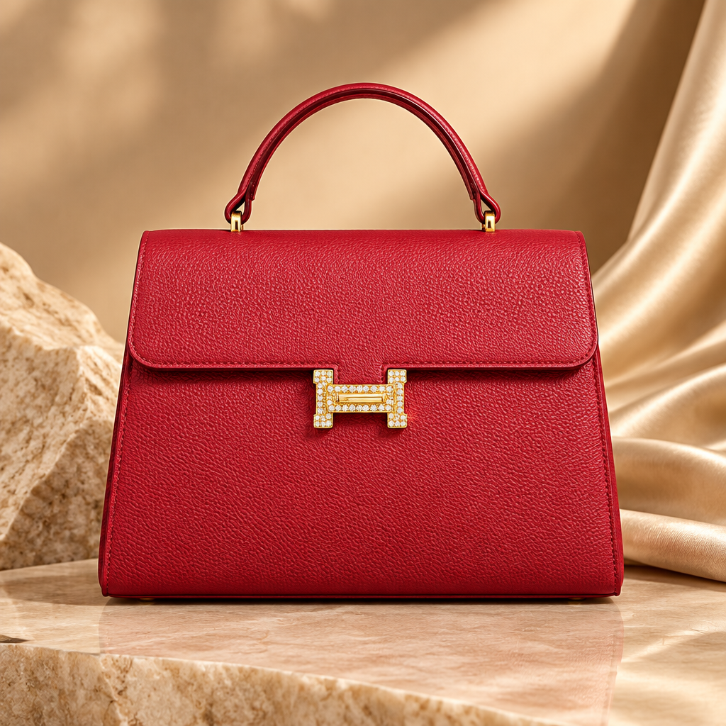 Red pebbled flap satchel