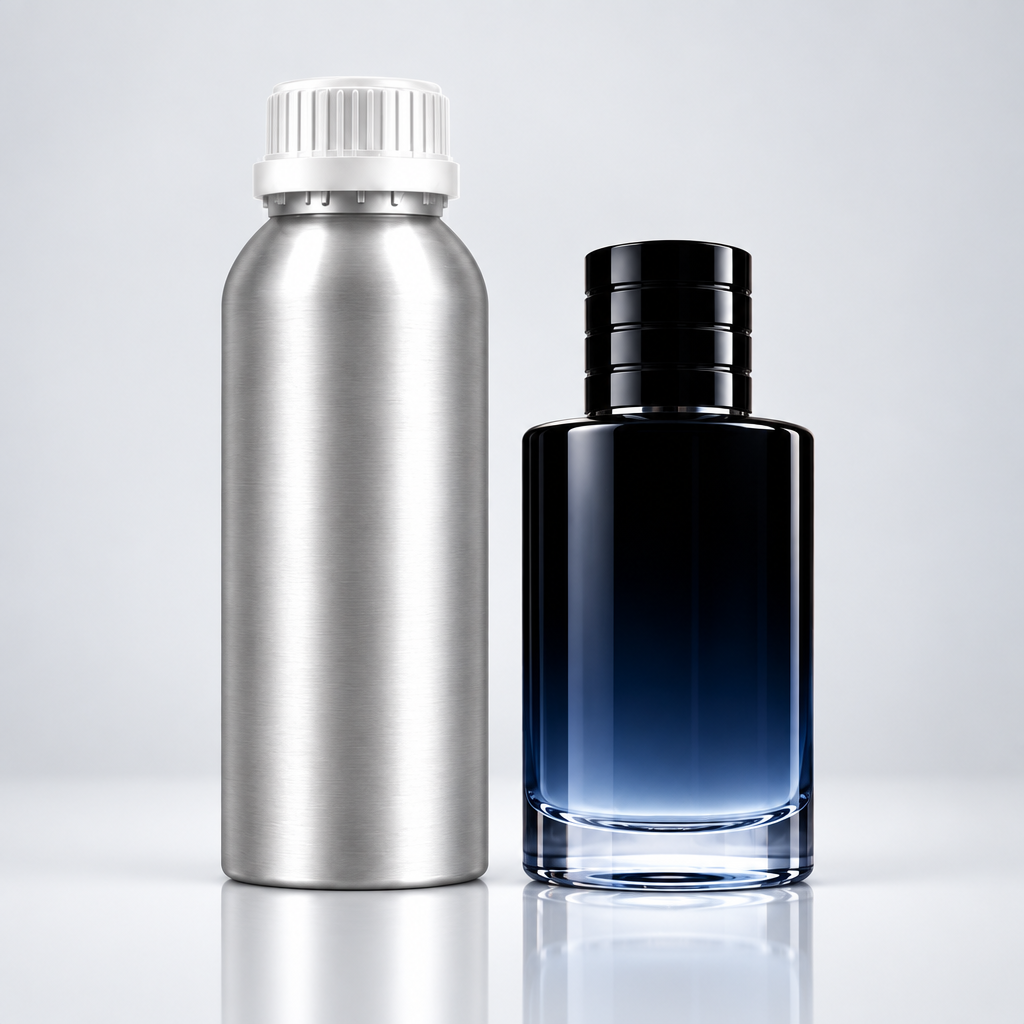 Navy perfume bottle and 1kg fragrance oil canister studio shot