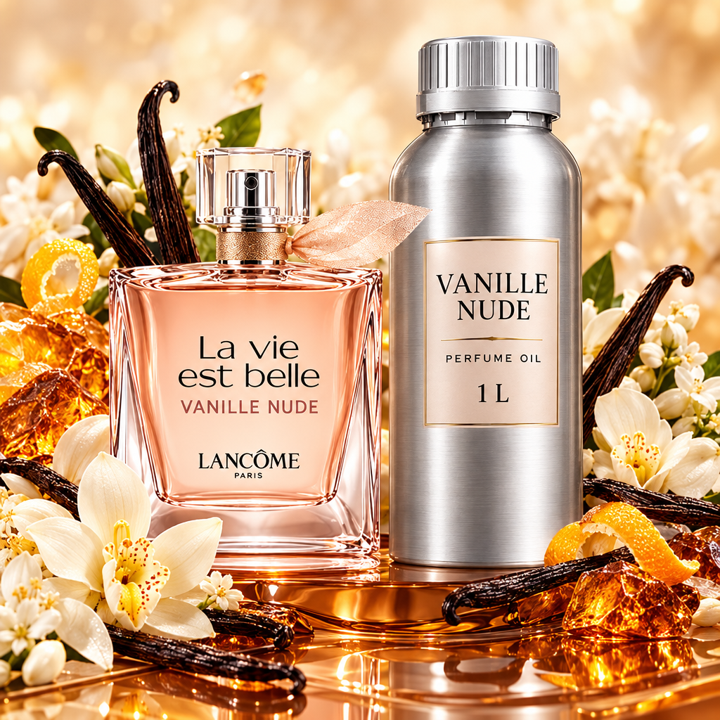 La vie est belle Vanille Nude bottle and 1 litre canister with vanilla pods, blossoms, amber and citrus