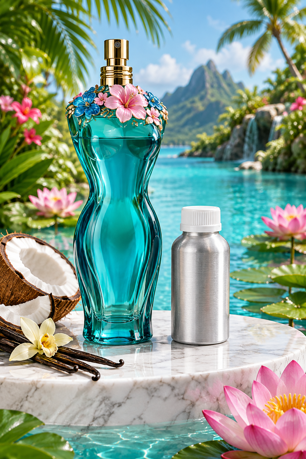 Teal La Belle style perfume bottle beside a small 500 ml perfume oil canister on a marble podium in a tropical garden