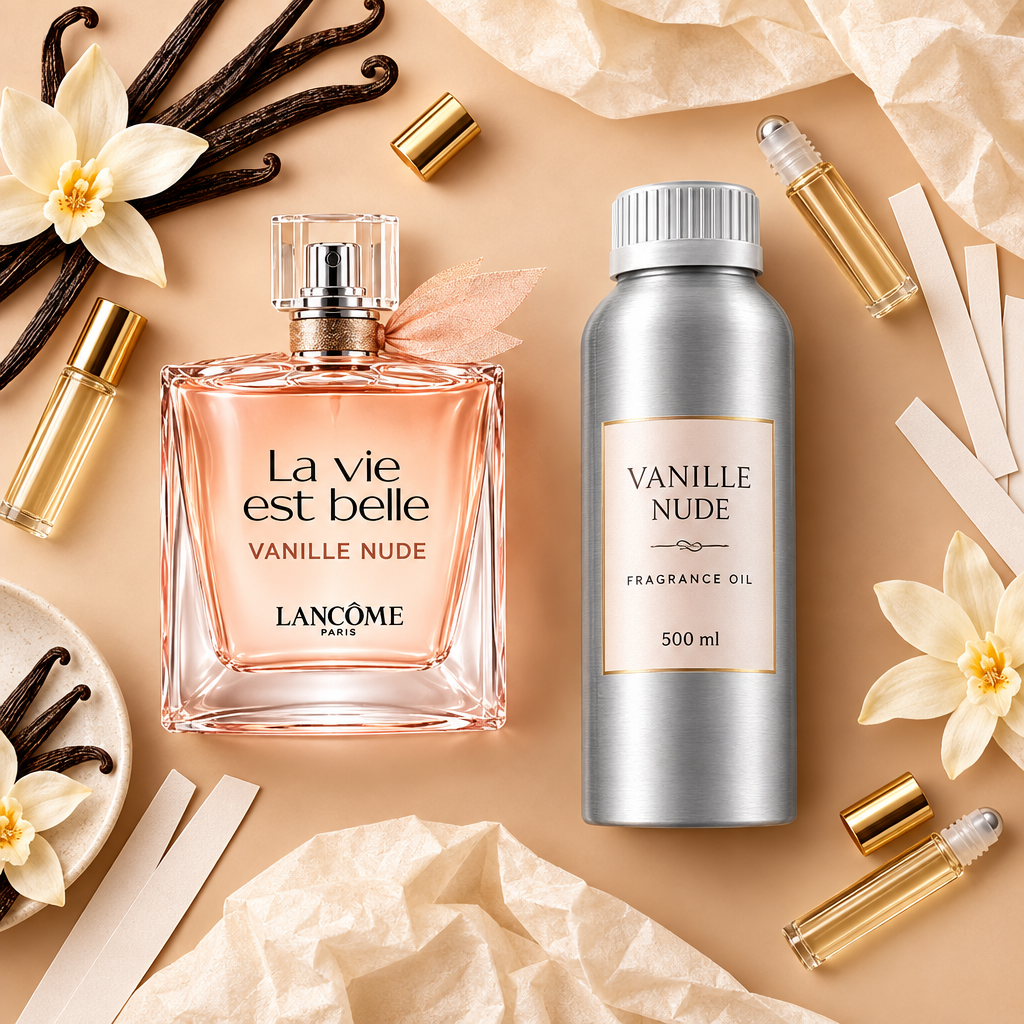 La vie est belle Vanille Nude 500 ml perfume oil canister with roll-on bottles, fragrance blotters and vanilla pods