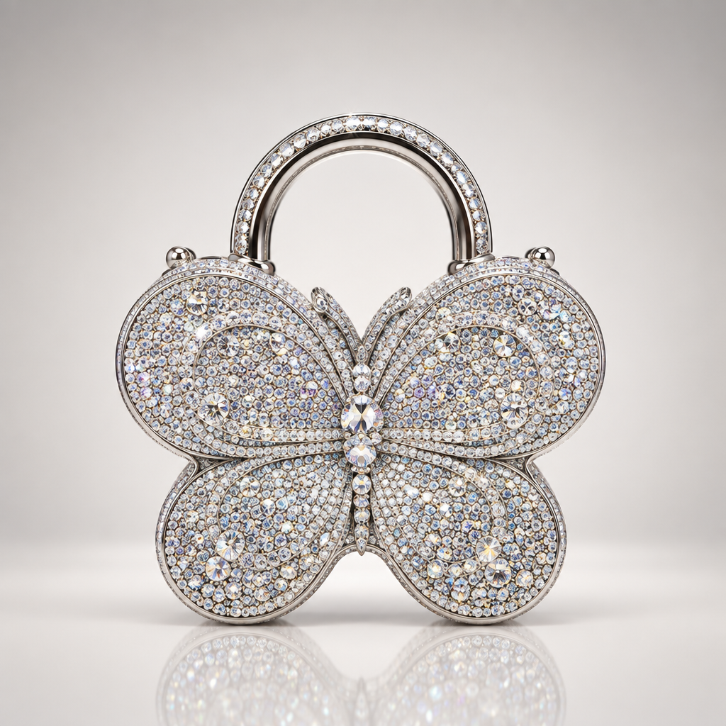 Clear crystal silver butterfly handbag