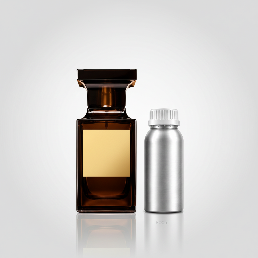 Amber perfume bottle and 500ml fragrance oil canister studio shot
