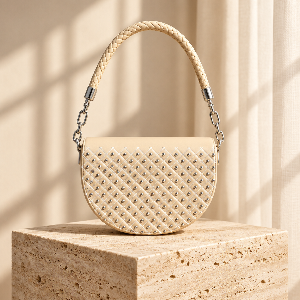 Cream studded half-moon shoulder bag