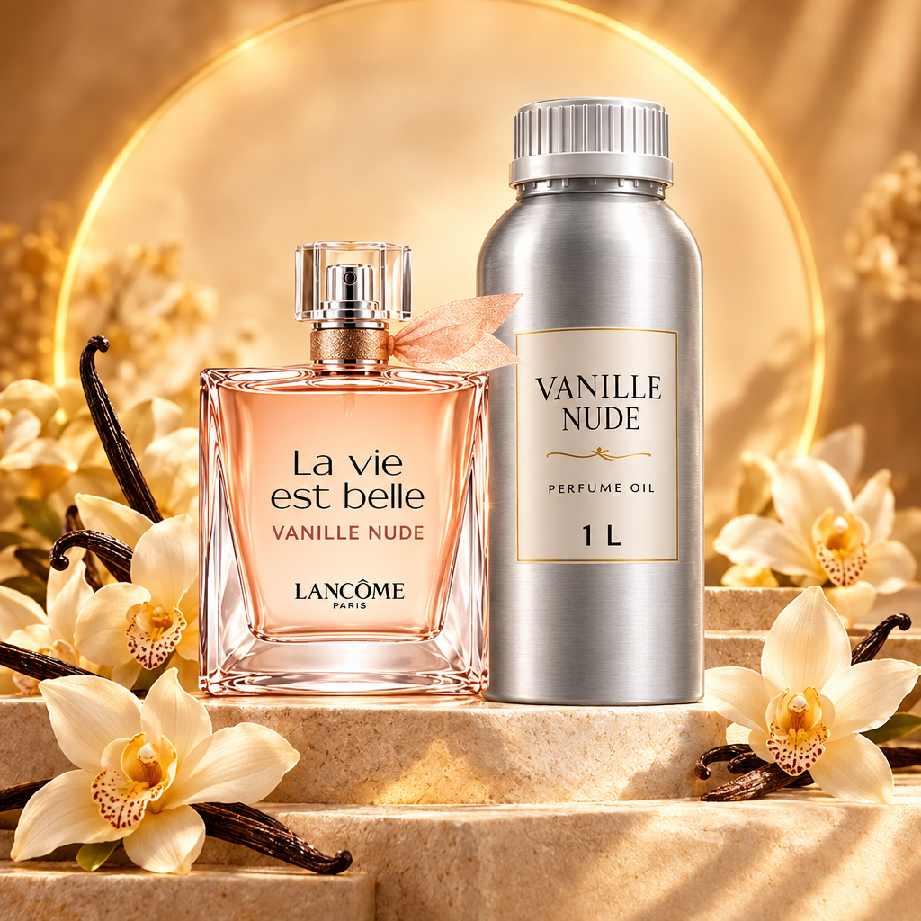 La vie est belle Vanille Nude bottle and large 1 litre perfume oil canister on ivory steps with amber lighting