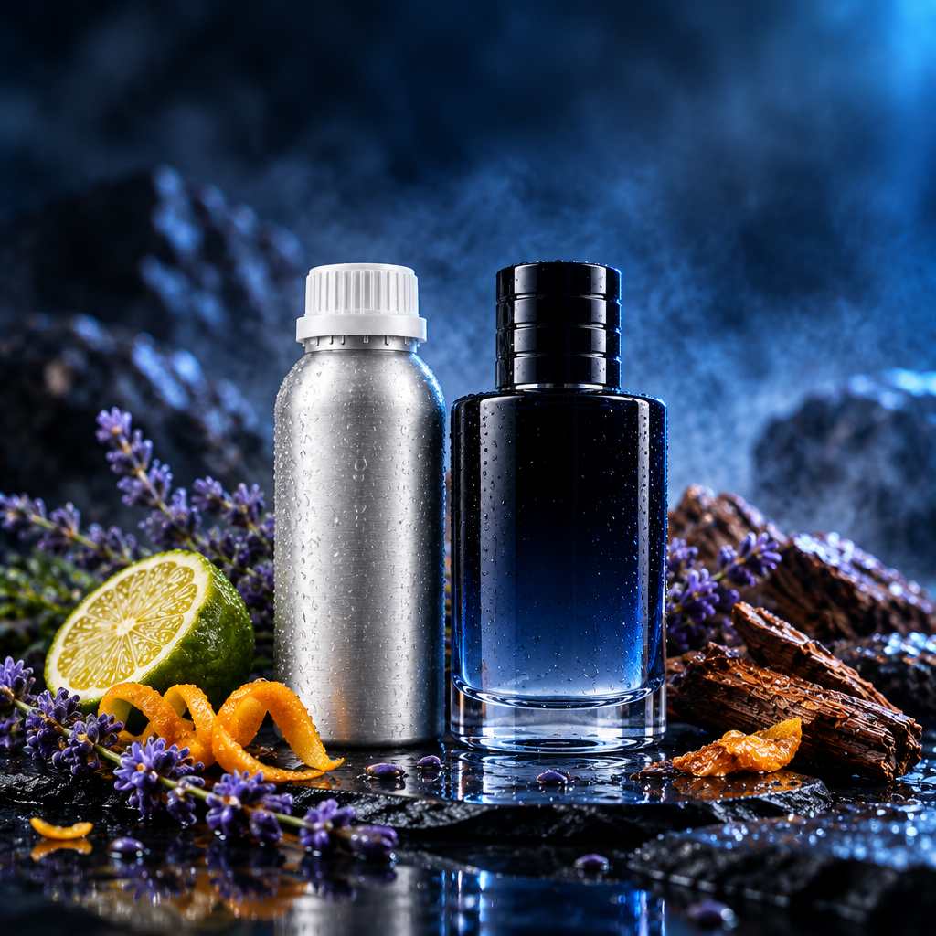Navy perfume bottle and 500ml canister on dark slate
