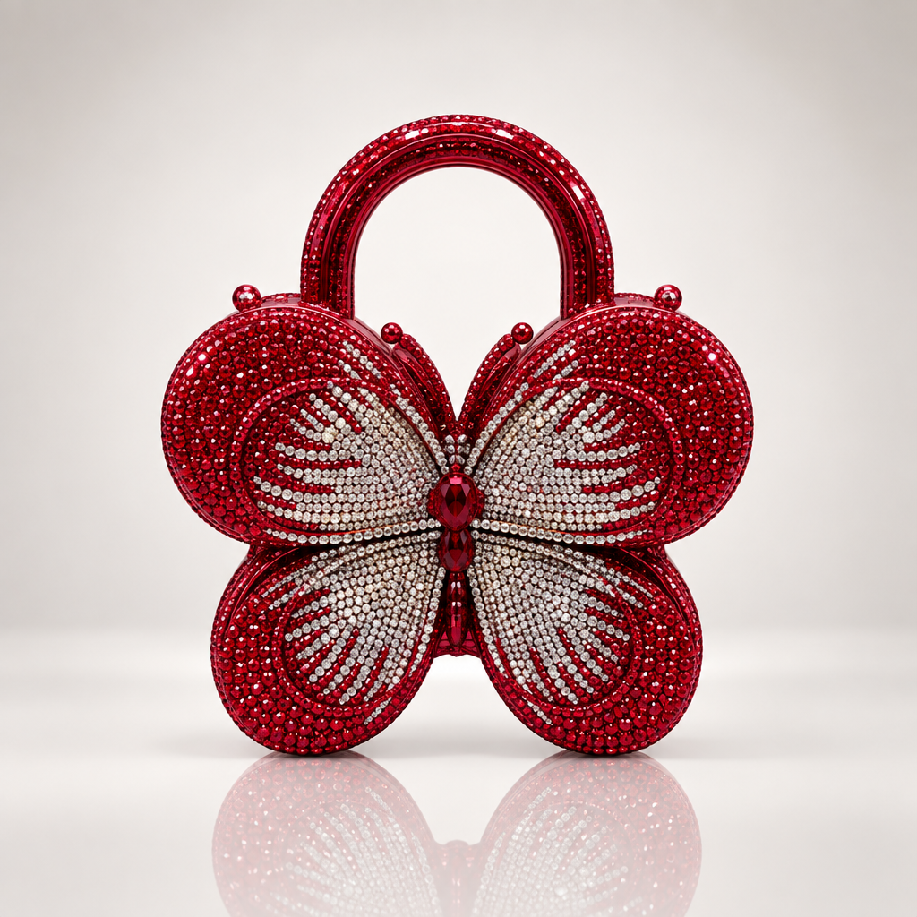 Deep red and silver crystal butterfly handbag