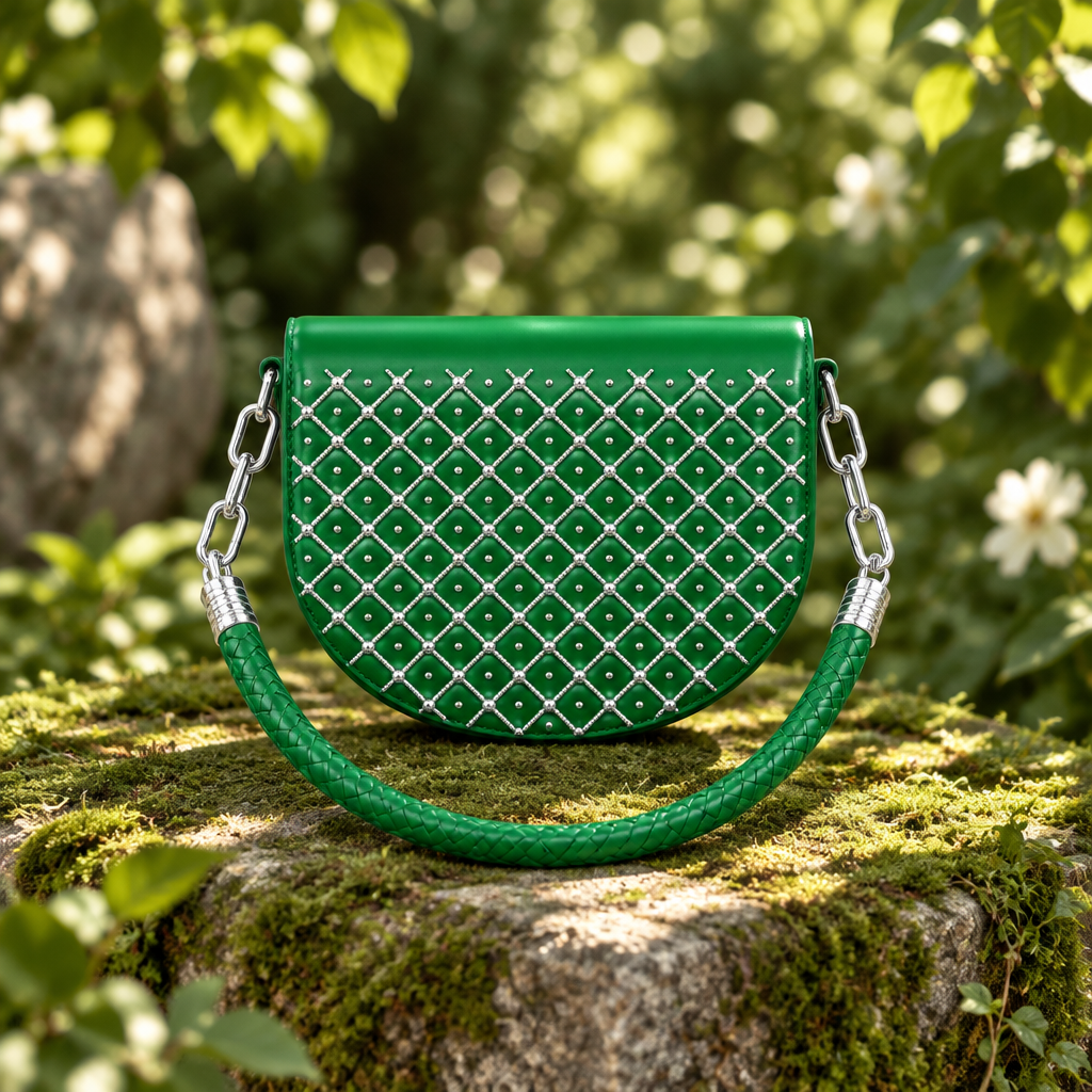 Green studded half-moon shoulder bag
