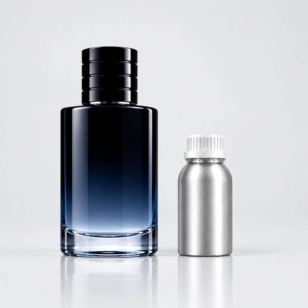 Navy perfume bottle and 500ml fragrance oil canister studio shot