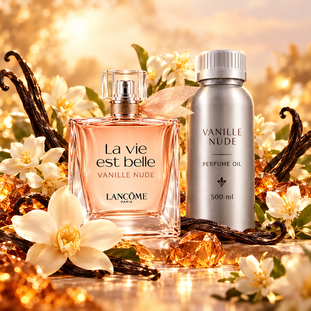 La vie est belle Vanille Nude bottle and compact 500 ml canister with vanilla orchids, jasmine and amber crystals