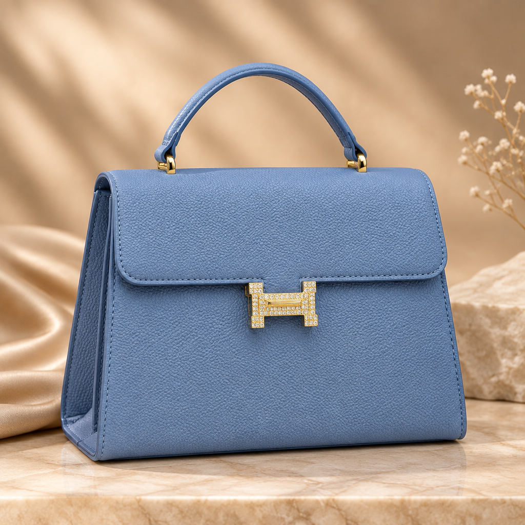 Blue pebbled flap satchel