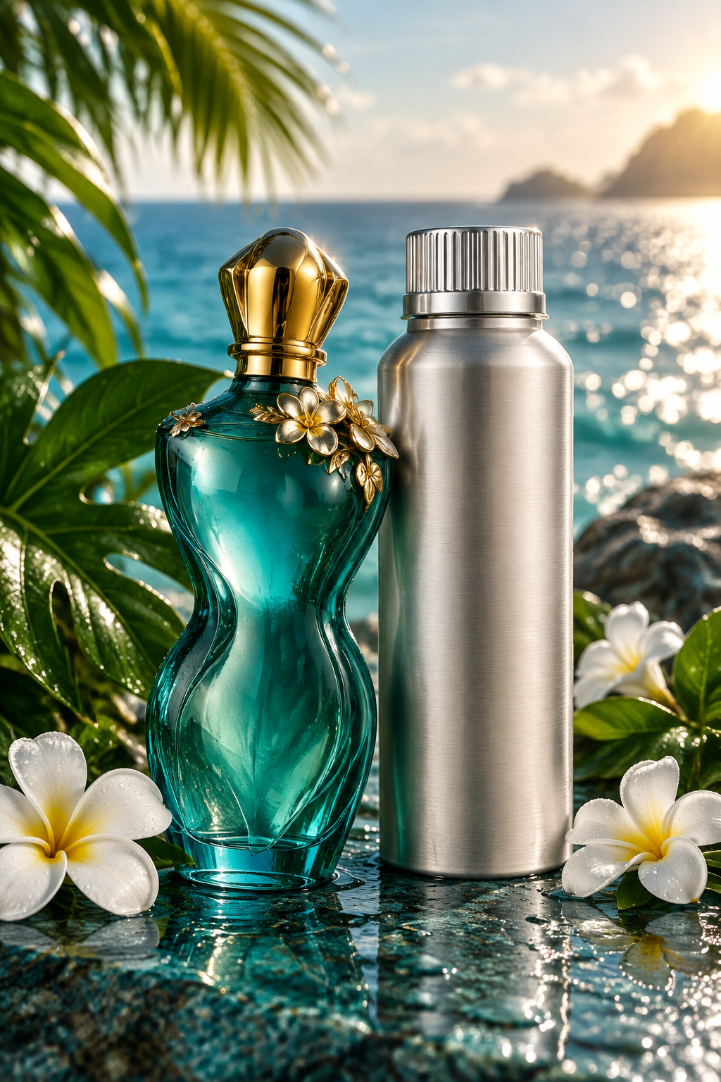 Teal perfume bottle beside a tall unbranded 1 kg perfume oil canister on teal stone with tropical blossoms