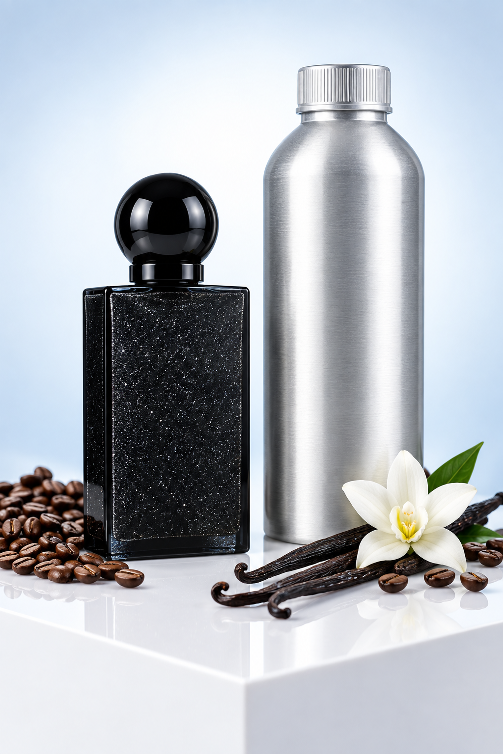 Unbranded glittery black perfume bottle beside a 1 kg perfume oil canister with coffee beans and vanilla