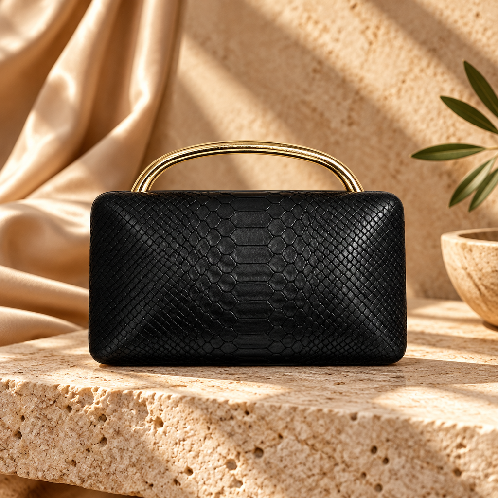 Black snake embossed box clutch